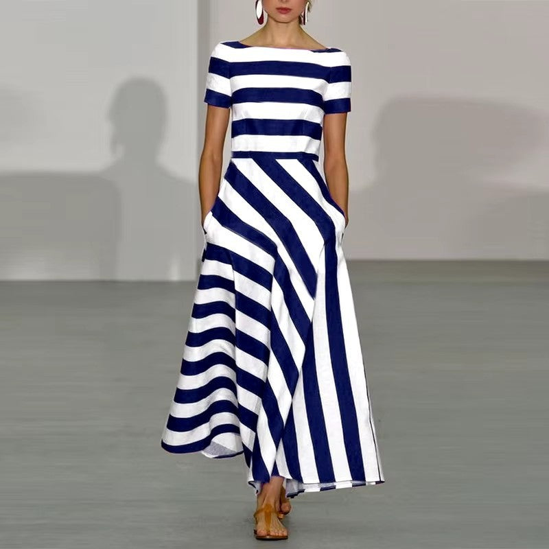 Women’s Long Dress – Flared Silhouette – Off Shoulder – Striped Pattern