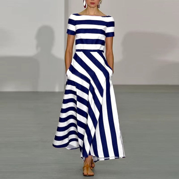 Women’s Long Dress – Flared Silhouette – Off Shoulder – Striped Pattern