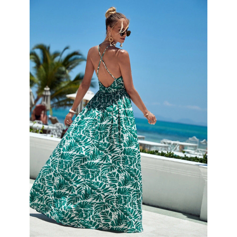 Women’s Maxi Dress – Deep V-Neck – Halter Strap – Flowy Cotton – Relaxed Fit