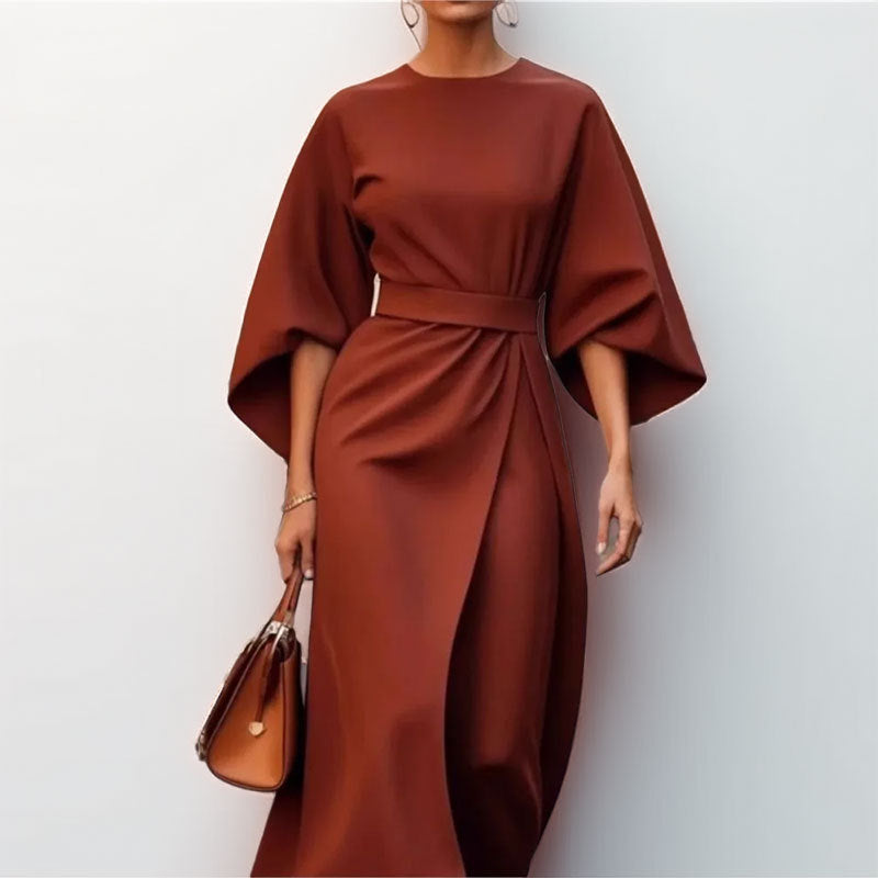 Women's Long Dress – Batwing Sleeve – Cinched Waist – Asymmetrical Draped Fit
