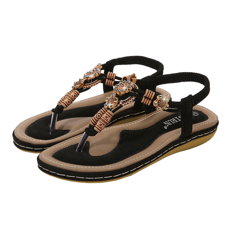 Women’s Flat Sandals – Boho Bead Embellished – Woven Thong Strap – Casual Fit