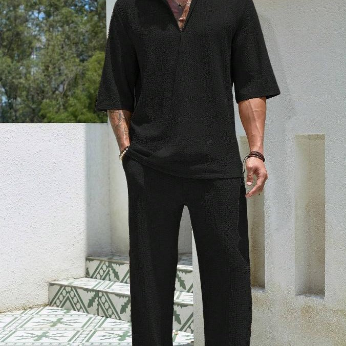 Men’s Shirt and Pants Set - Lightweight Cotton Blend - Relaxed Fit - Short Sleeve Casual Wear