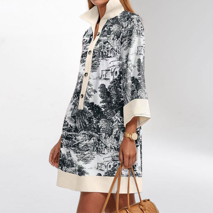 Women’s Shirt Dress – Relaxed Fit – Toile de Jouy Print – 3/4 Sleeve – Collared