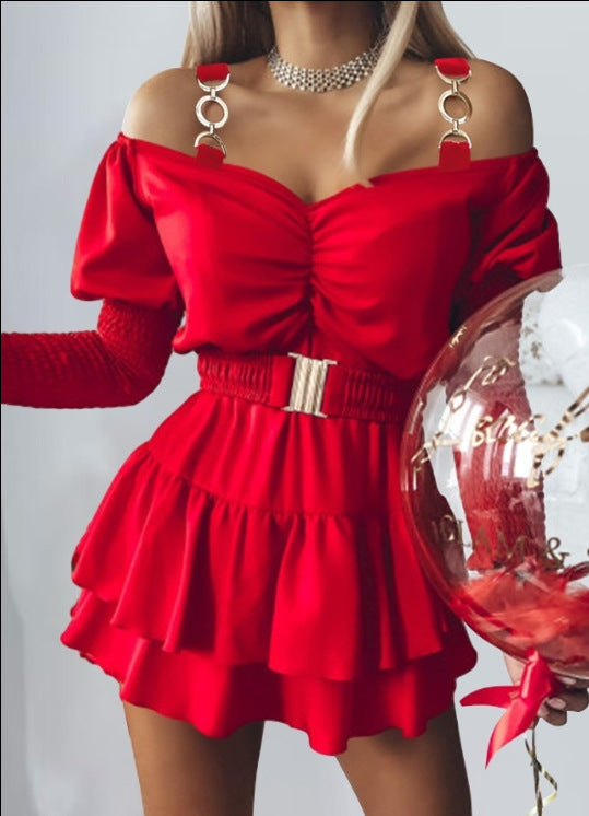 Women's Off-Shoulder Mini Dress - Ruched Bust - Long Sleeve - Tiered Skirt - Belted Waist