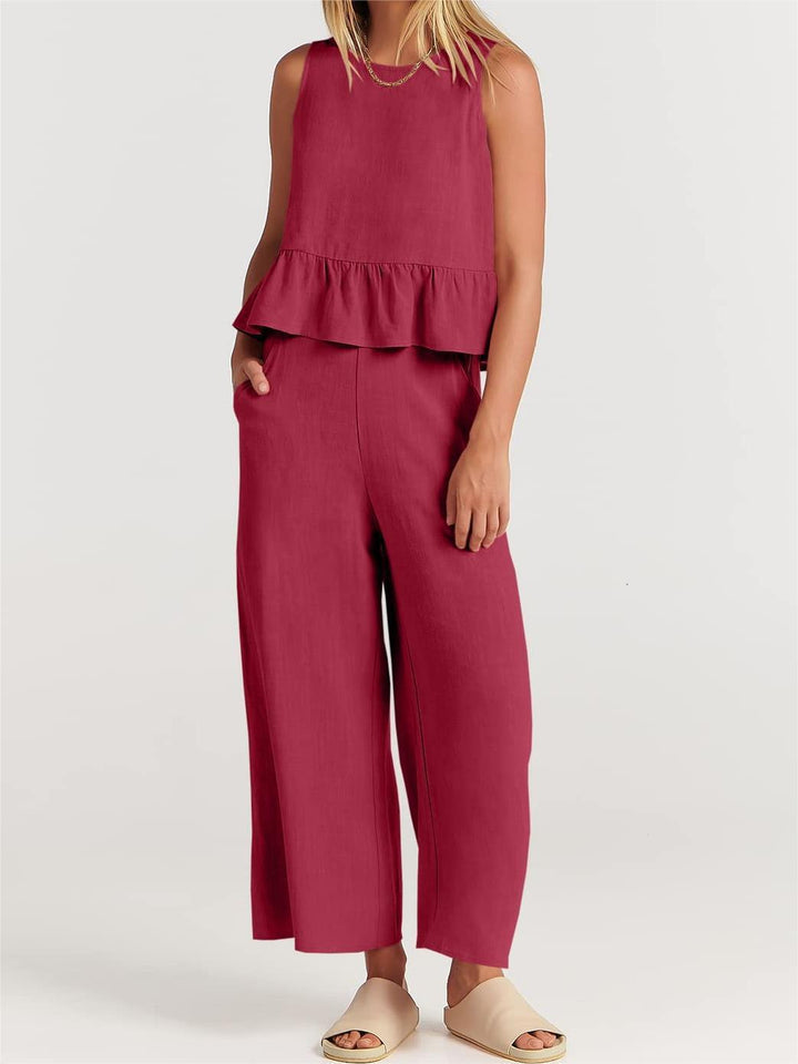 Women’s Two-Piece Set – Sleeveless Peplum Top – Wide-Leg High-Waist Pants – Lightweight Breathable