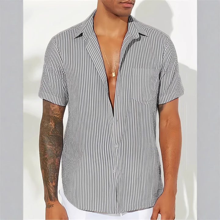 Men’s Button-Up Shirt – Relaxed Fit – Short Sleeve – Breathable Blend – Striped Casual Style
