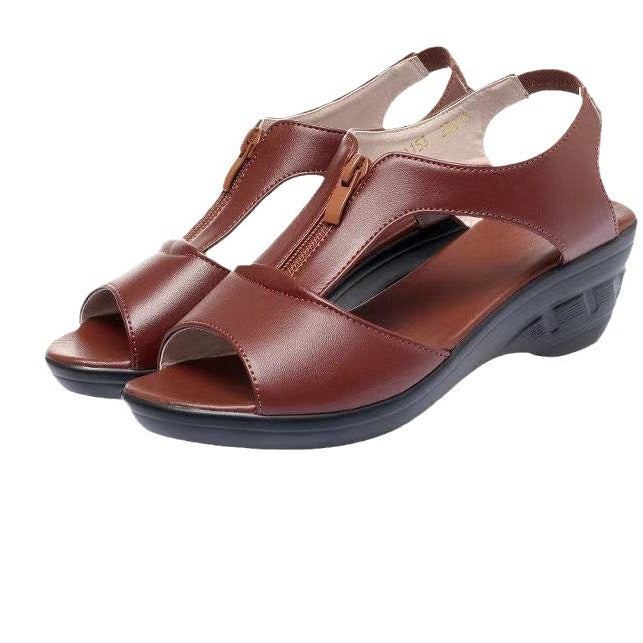 Women’s Wedge Sandals – Open Toe – Faux Leather – Zipper Closure – Breathable Cut-Outs