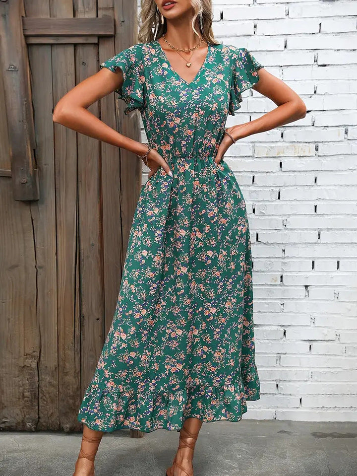 Women’s Midi Dress – V-Neck – Flutter Sleeve – Cinched Waist – Ruffled Hem – Relaxed Fit