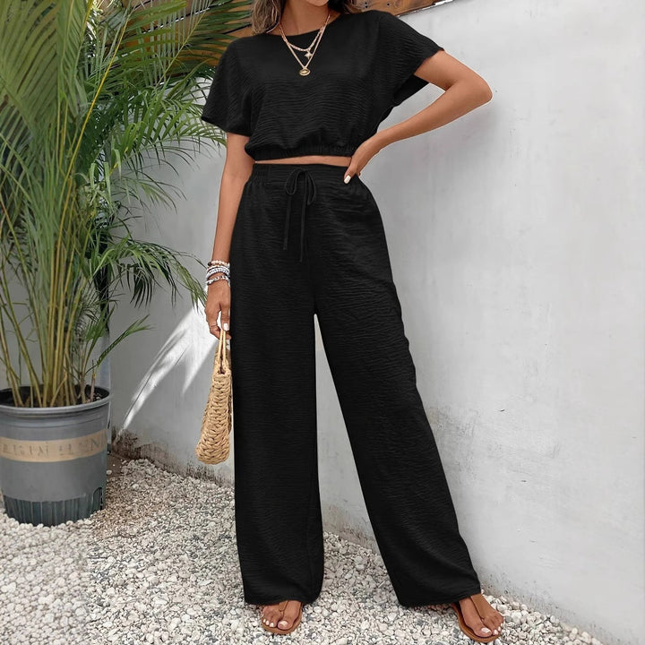 Women’s Two-Piece Set – Crop Top Relaxed Fit – High-Waist Wide-Leg Pants – Textured Fabric
