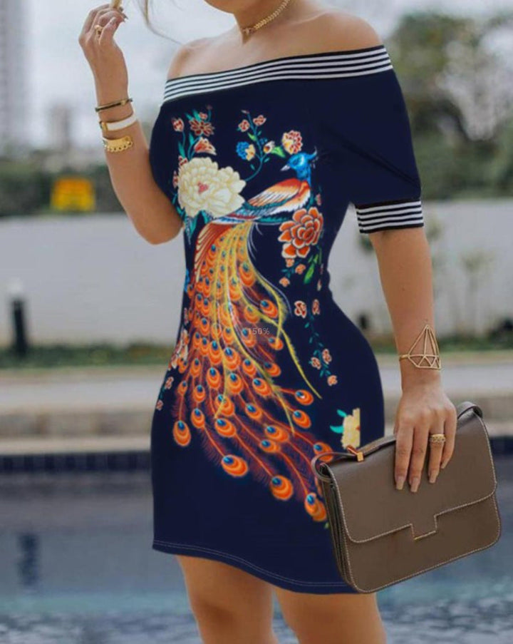 Women’s Off-Shoulder Dress - Slim Fit - Mini Length - Breathable Blend - Graphic Print