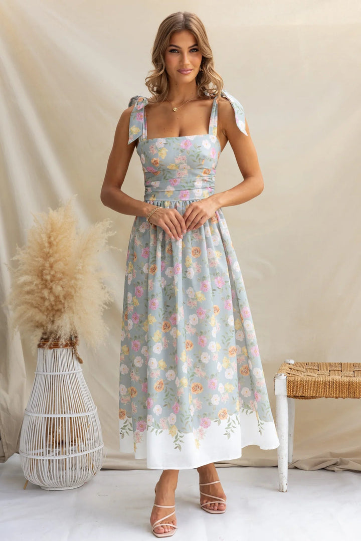 Women’s Maxi Dress – Square Neck – Tie Strap – Floral Print – Lightweight Fabric