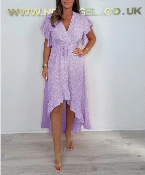 Women’s Wrap Dress – Luxury Fabric – Midi Length – High-Low Hem – Ruffled Sleeves