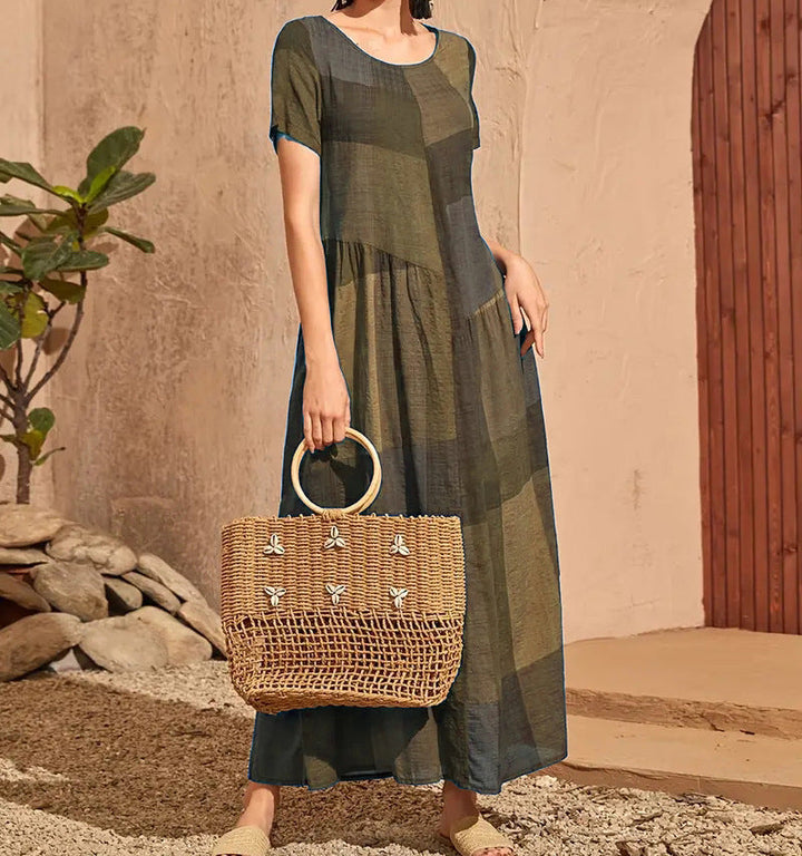 Women’s Long Dress – Cotton – Loose Fit A-Line – Short Sleeve – Plaid Casual Style