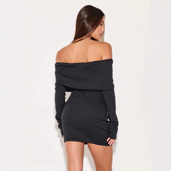 Women’s Off-Shoulder Dress - Ribbed Knit - Button Front - Slim Fit - Long Sleeve