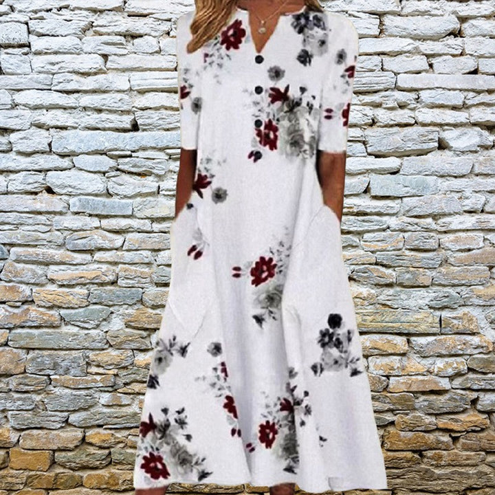 Women's Floral Print V-Neck Dress – Loose Fit with Pockets – Short Sleeve Casual Style