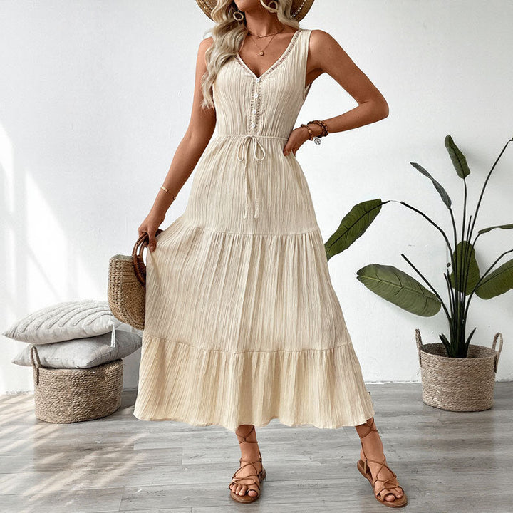 Women’s Midi Dress – Crinkled Fabric – V-Neck – Tiered A-Line – Adjustable Waist