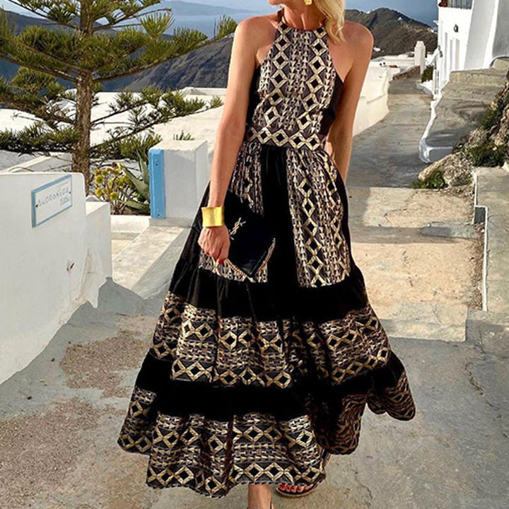 Women’s Maxi Dress – Off Shoulder – Geometric Print – Flowing Fit – Breathable Blend