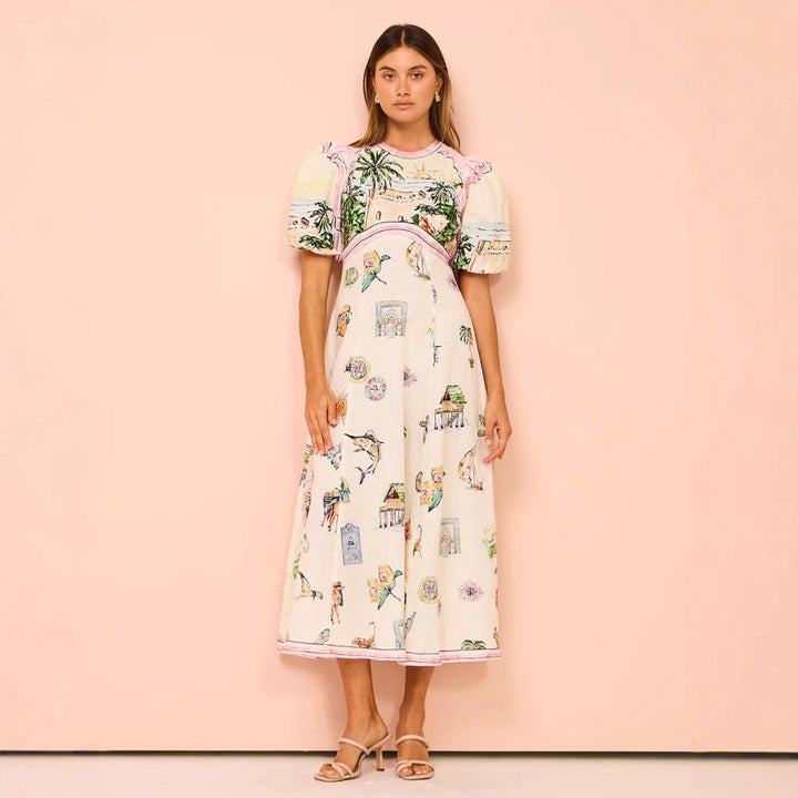 Women’s A-Line Dress – Midi Length – Puff Sleeve – Relaxed Fit – Artistic Printed Design
