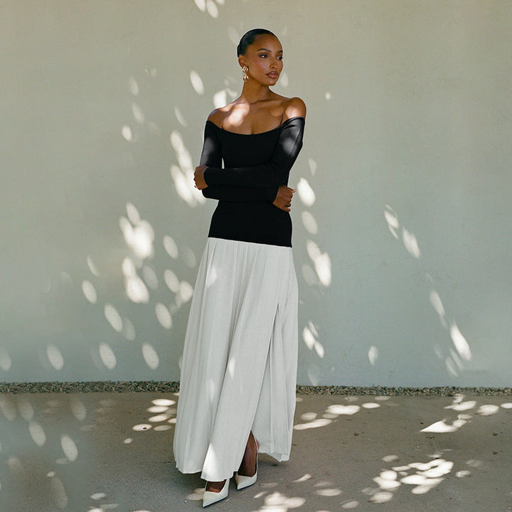 Women’s Off-Shoulder Dress – Long Sleeve – Fitted Bodice – Flowing Full-Length Skirt