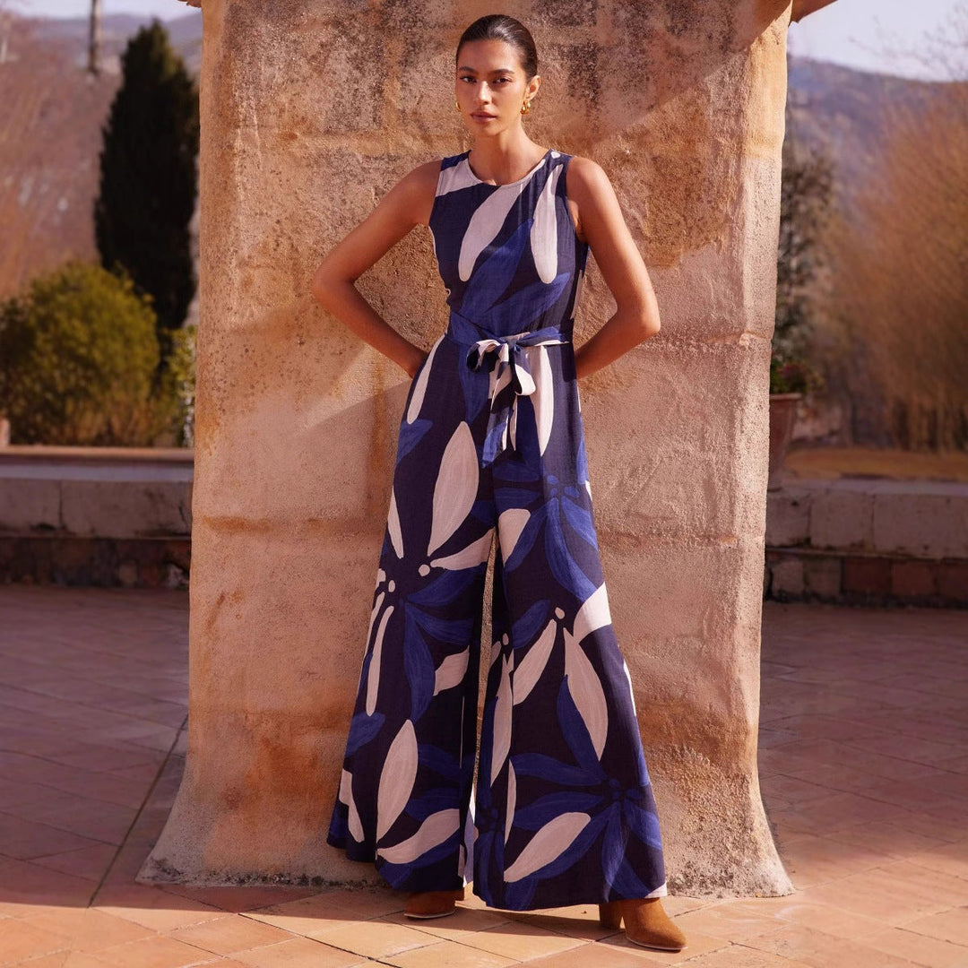 Women’s Sleeveless Jumpsuit – Wide Leg – Waist Belt – Geometric Pattern – Round Neck
