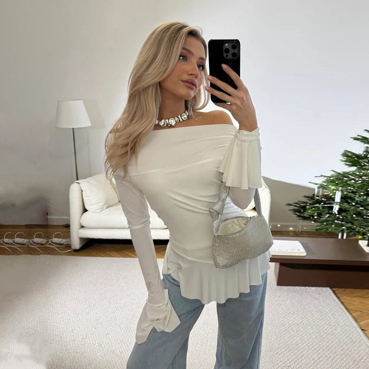 Women’s Off-Shoulder Top – Slim Fit – Ruffle Sleeve – Stretch Fabric