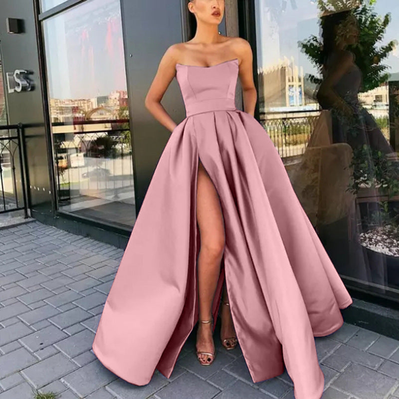 Women’s Evening Gown – Strapless Luxury Fabric – Fitted Bodice – Flowing Skirt with Slit