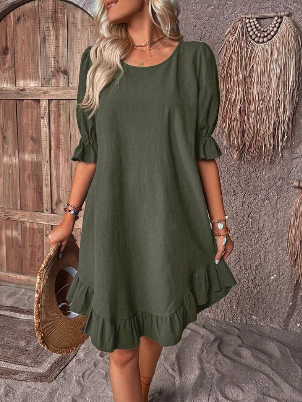 Women’s Midi Dress – Relaxed Fit – Ruffle Sleeves – Flowy Hem – Breathable Blend