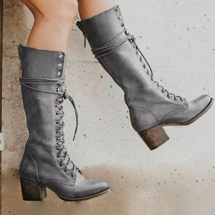 Women’s Knee-High Boots – Leather – Lace-Up Front – Chunky Heel – Side Zip Closure