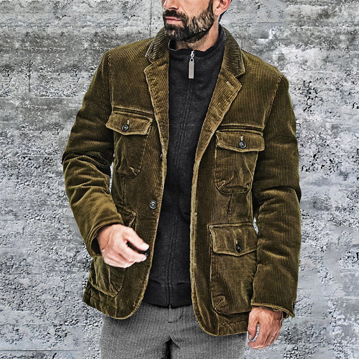 Men's Corduroy Jacket - Tailored Fit - Notched Lapel - Utility Pockets - Button Closure