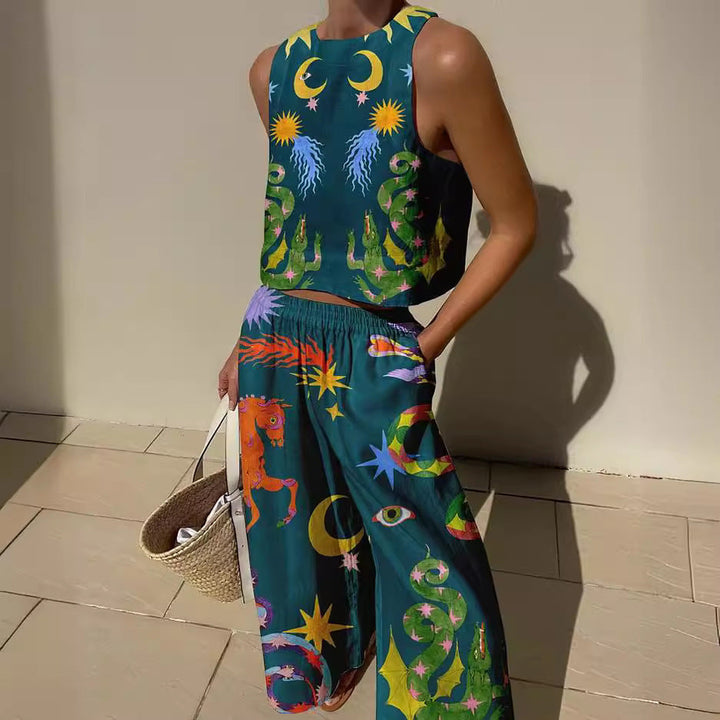 Women’s Two-Piece Set – Sleeveless Crop Top & Wide-Leg Pants – Relaxed Fit – Lightweight