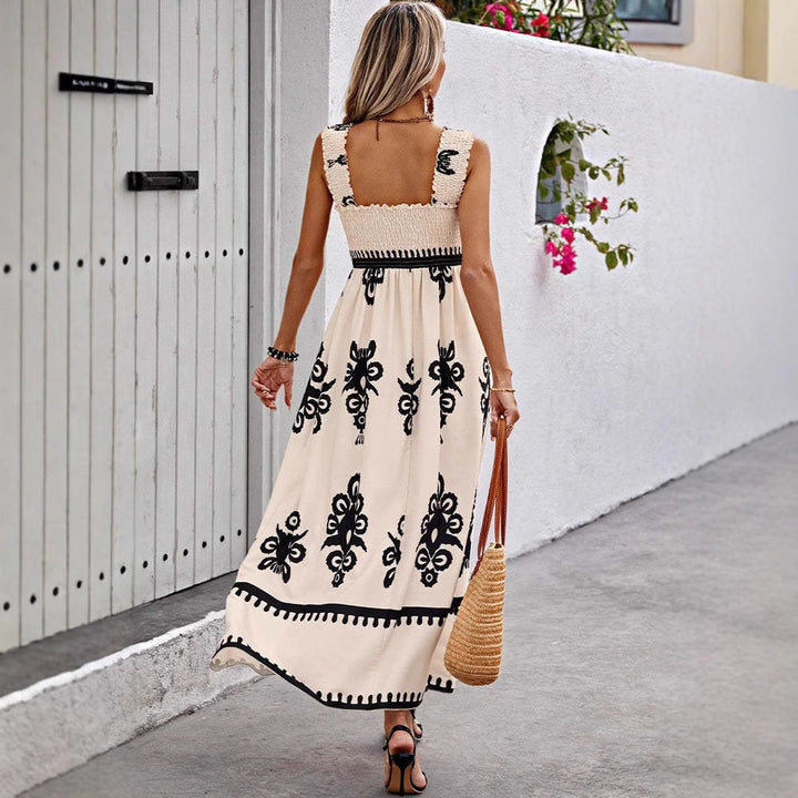 Women's Maxi Dress - Embroidered A-Line - Square Neck - Ruffled Straps - Elegant Fit