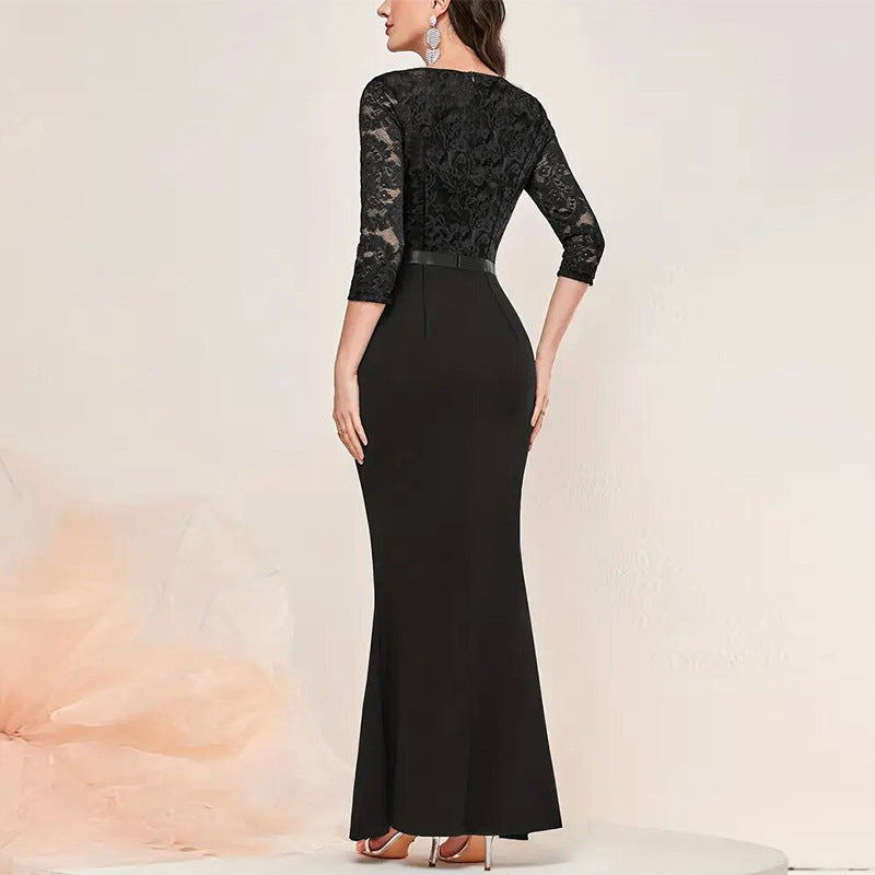 Women’s Formal Dress – Fitted Silhouette – Lace Bodice – High Slit – Ruffle Detail