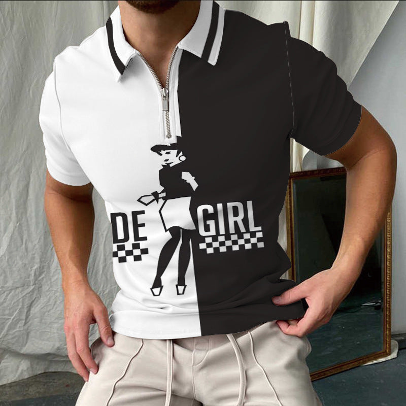 Men’s Polo Shirt – Slim Fit – Checkered Pattern – Zip Collar – Short Sleeve Casual – Cotton