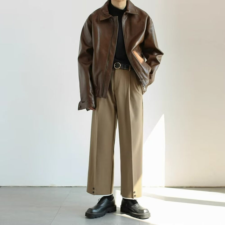 Men’s Leather Jacket - Oversized Fit - Cropped Length - Zip Front - Street Style