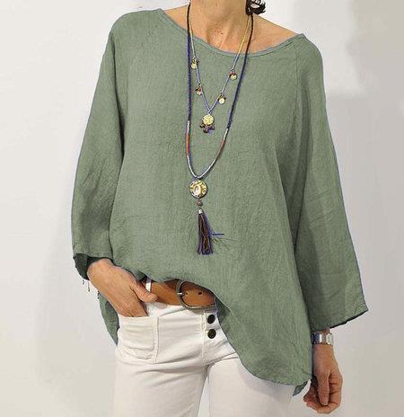 Women’s Top – Cotton Linen Blend – Relaxed Fit – 3/4 Raglan Sleeve – Asymmetrical Hem – Round Neck