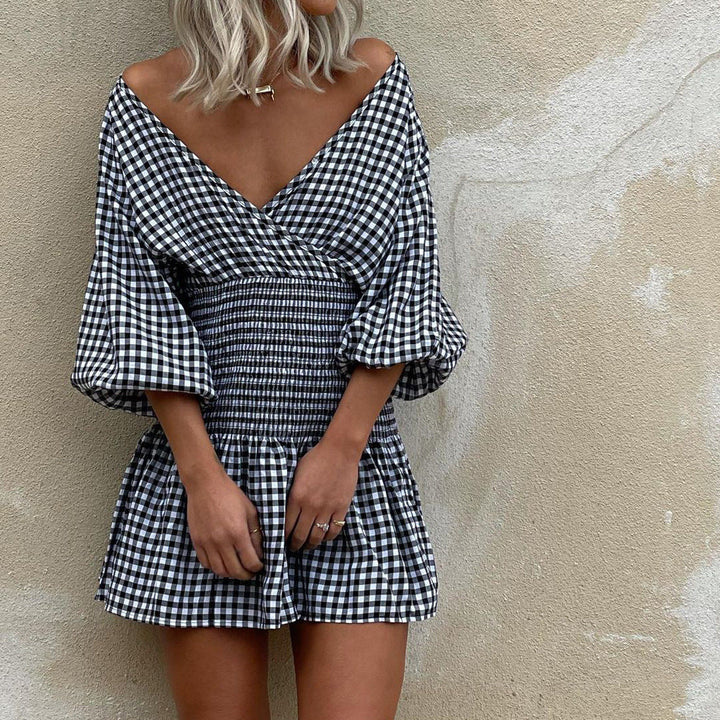 Women’s Mini Dress – Wrap V-Neck – Puff 3/4 Sleeves – Shirred Waist – A-Line Fit