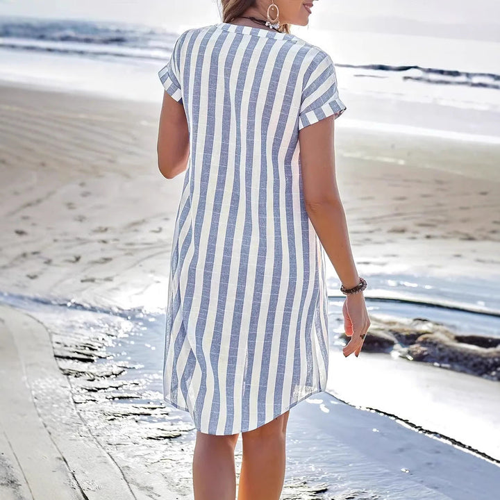 Women’s Shirt Dress – V-Neck – Button Front – Vertical Stripes – Relaxed Fit – Knee Length