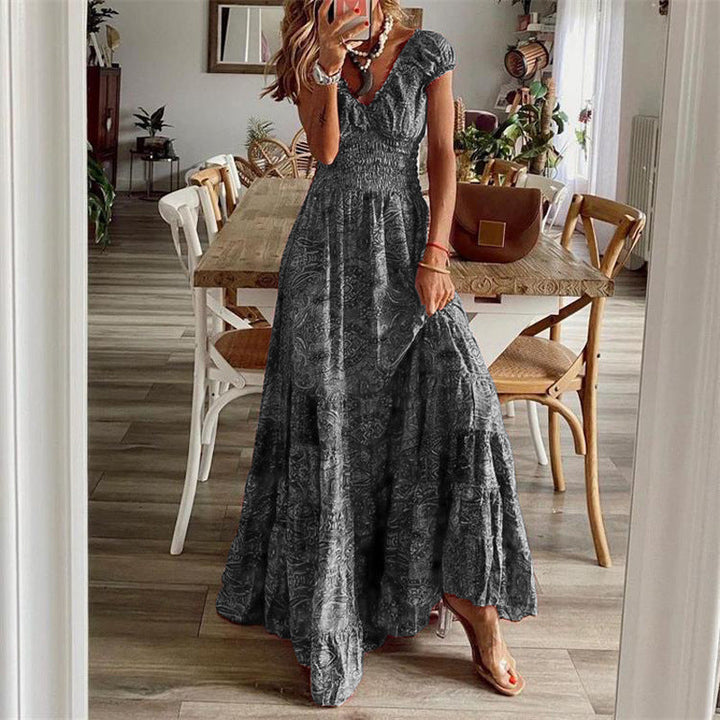 Women’s Maxi Dress – Smocked Bodice – Relaxed Fit – V-Neck – Tiered Skirt – Cotton Feel