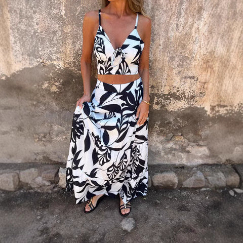 Women’s Two-Piece Set – Tie-Front Crop Top – Flowy Maxi Skirt – Breathable Blend