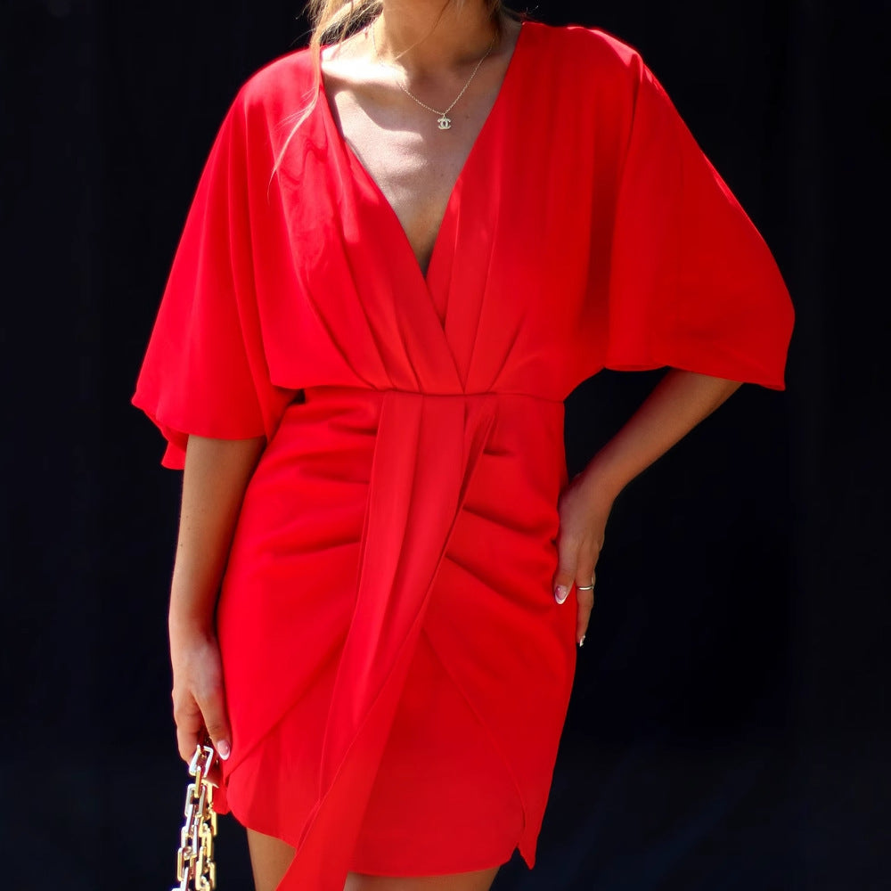 Women’s Skater Dress – V-Neck – Draped Waist – Soft Flowing Fit – Short Sleeve – Mini Length