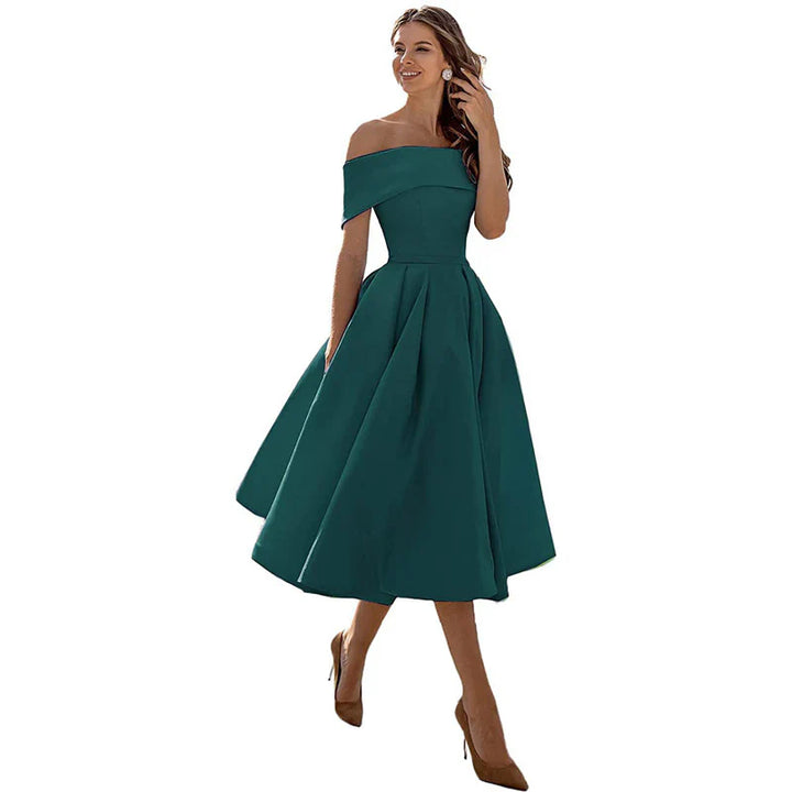Women's Off-the-Shoulder Midi Dress - Fitted Bodice - Pleated Flared Skirt - Elegant Formal Wear
