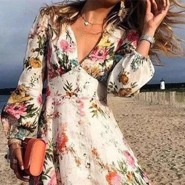 Women’s Maxi Dress – Flowing A-Line Fit – Deep V-Neck – Long Sleeve – Breathable Blend