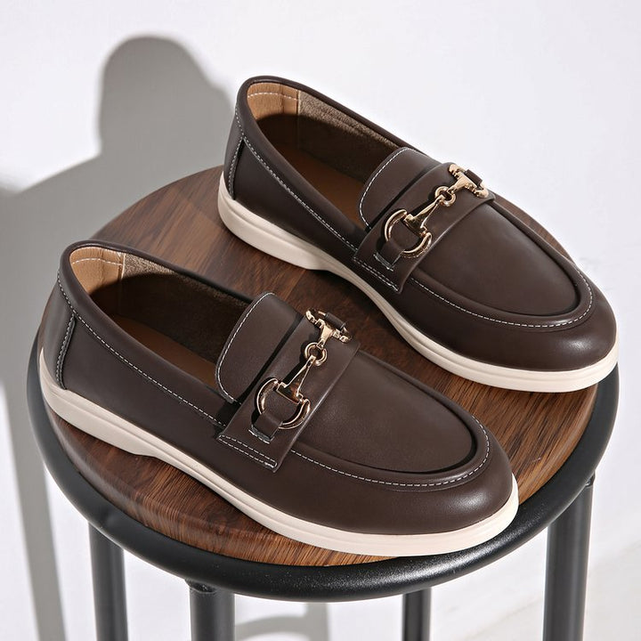 Women's Leather Loafers – Slip-On Design – Metal Detail – Flat Sole – Round Toe