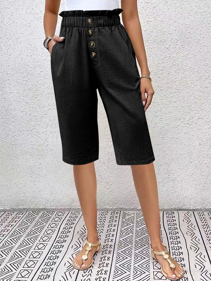 Women’s Bermuda Shorts - Relaxed Fit - Elastic Waist - Button Front - Lightweight Fabric