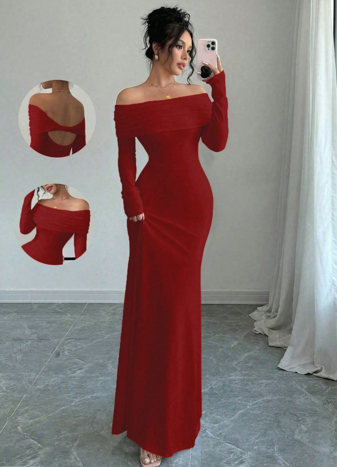 Women's Off-Shoulder Evening Gown - Long Sleeve - Back Twist Knot Elegant Style