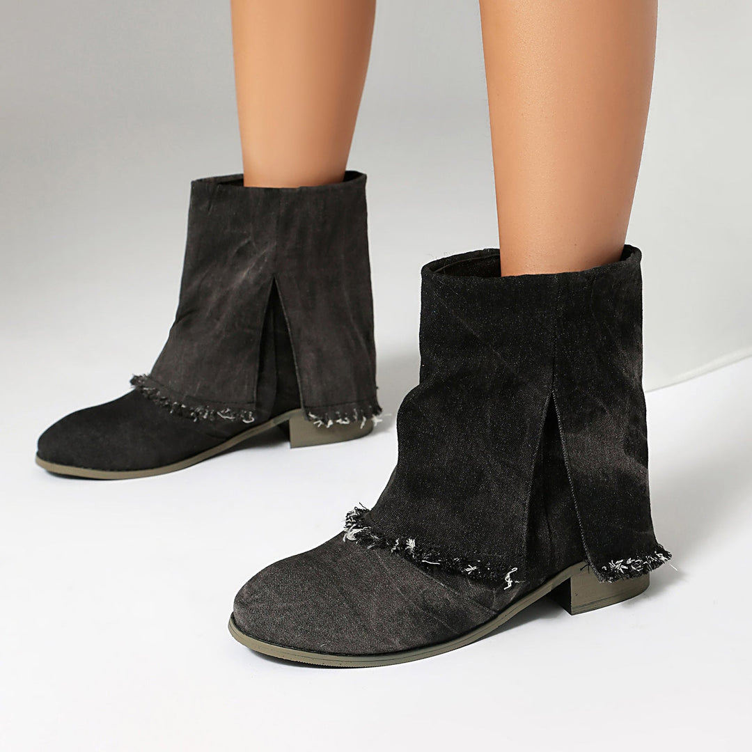 Women’s Ankle Boots – Denim Upper – Distressed Trim – Low Heel – Slip-On Casual Fit