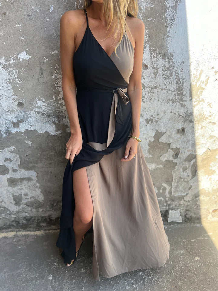 Women’s Maxi Dress - Halter Neck - Wrap Waist - Asymmetric Hem - Flowing Luxury Fabric
