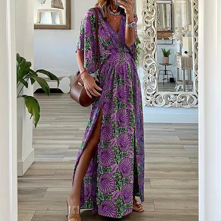 Women’s Long Dress – Bohemian Print – V-Neck – Short Sleeve – Relaxed Fit – Side Slit