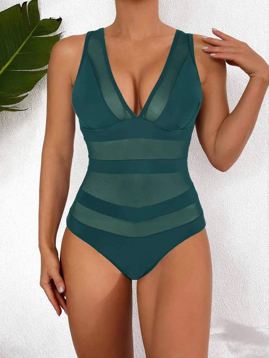 Women’s One-Piece Swimsuit – Form-Fitting – Mesh Detail – Deep V-Neck – Elegant Design