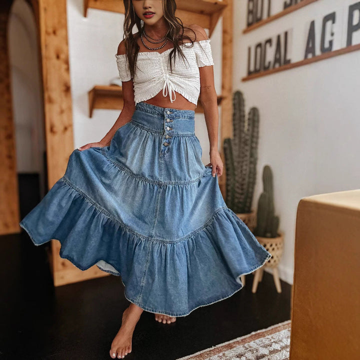 Women’s Denim Skirt - A-Line Fit - Tiered Design - Button Front - Casual Style